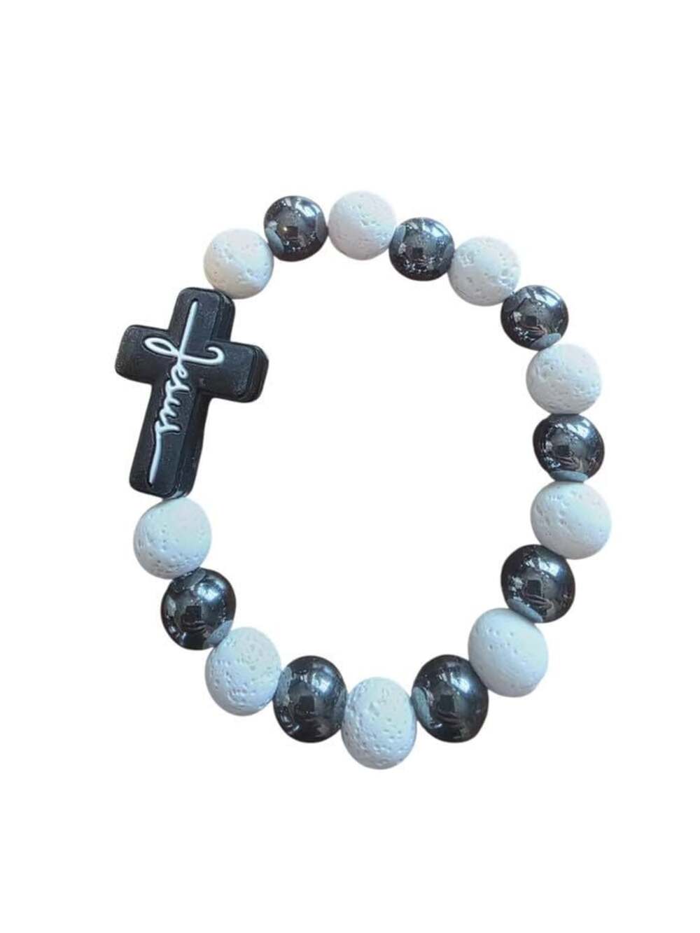 Jesus Cross Lava Stone and Hematite Beaded Bracelet